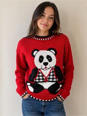 Vintage In Design Red Knit Sweater With Panda Graphic & Checkered Vest
